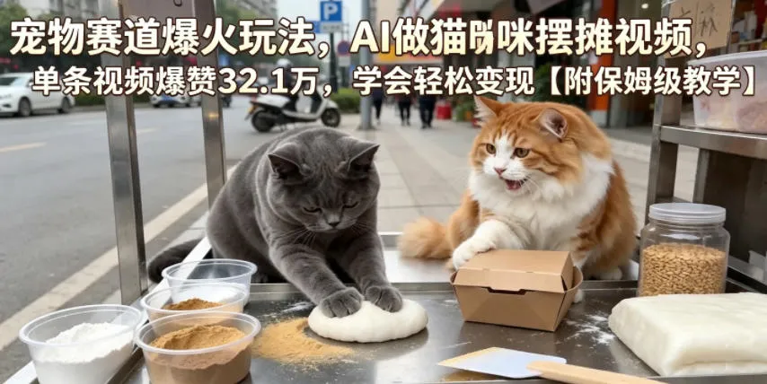 宠物赛道爆火玩法,AI做猫咪摆摊视频,单条视频爆赞32.1万,学会轻松变现【附保姆级教学】-知云阁资源站