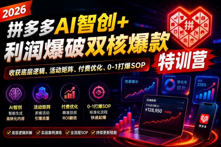2026拼多多AI智创+利润爆破双核爆款特训营,收获底层逻辑、活动矩阵、付费优化、0-1打爆SOP-知云阁资源站