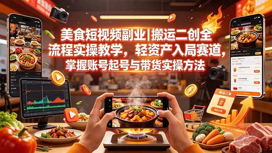 (19535期)美食短视频副业|搬运二创全流程实操教学,轻资产入局赛道,掌握账号起号与带货实操方法-知云阁资源站