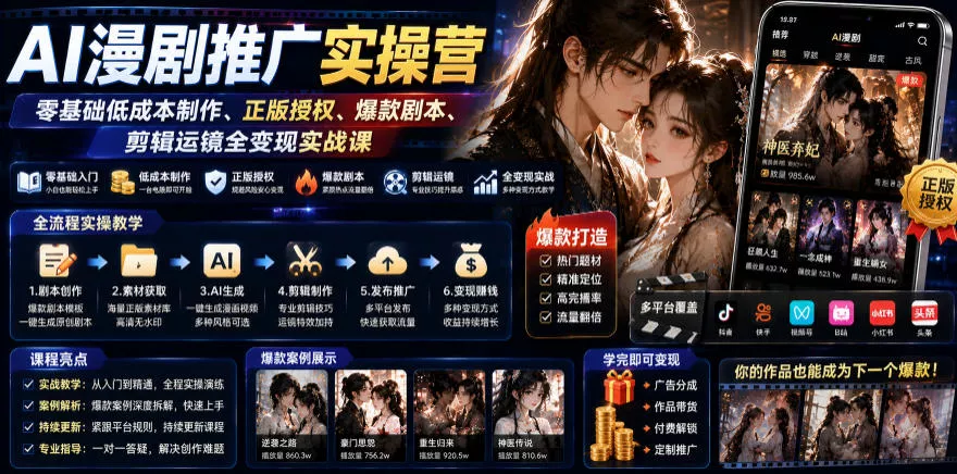 AI漫剧推广实操营｜零基础低成本制作、正版授权、爆款剧本、剪辑运镜全变现实战课-知云阁资源站