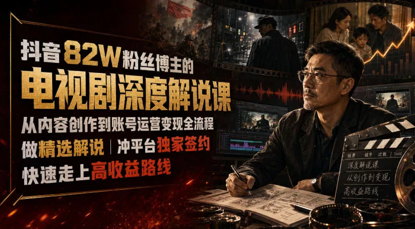抖音82W粉丝博主的电视剧深度解说课,从内容创作到账号运营变现全流程,做精选解说,冲平台独家签约,快速走上高收益路线-知云阁资源站