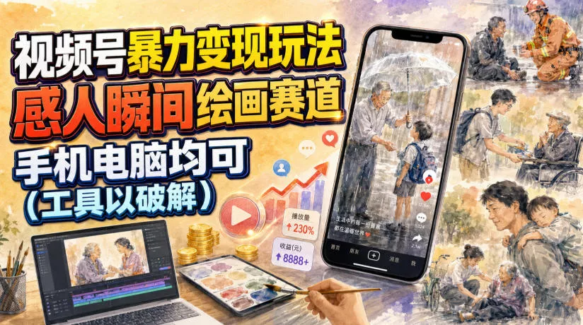 视频号暴力变现玩法，感人瞬间绘画赛道，手机电脑均可-知云阁资源站