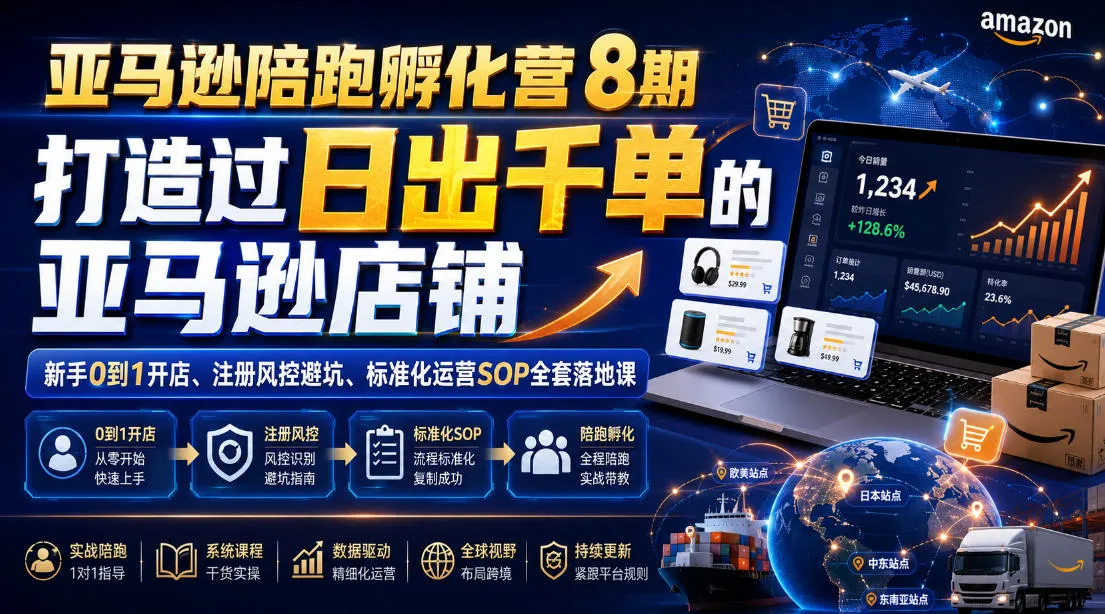 亚马逊陪跑孵化营8期,打造过日出千单的亚马逊店铺,新手0到1开店、注册风控避坑、标准化运营SOP全套落地课-知云阁资源站