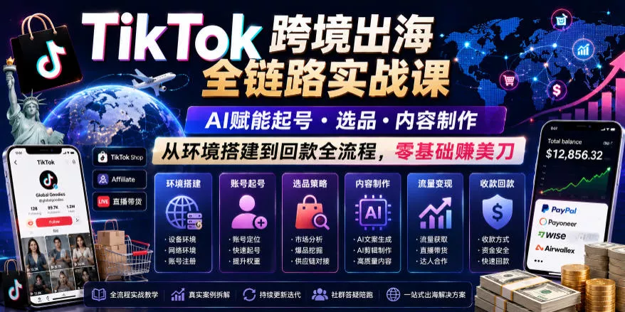 TikTok跨境出海全链路实战课,AI赋能起号・选品・内容制作,从环境搭建到回款全流程,零基础賺美刀-知云阁资源站