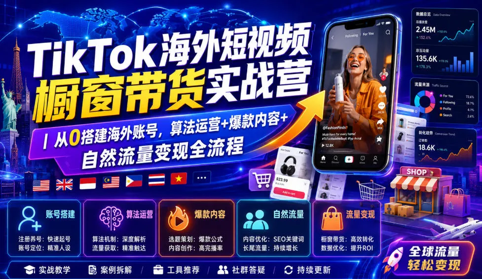 TikTok海外短视频橱窗带货实战营｜从0搭建海外账号，算法运营+爆款内容+自然流量变现全流程-知云阁资源站