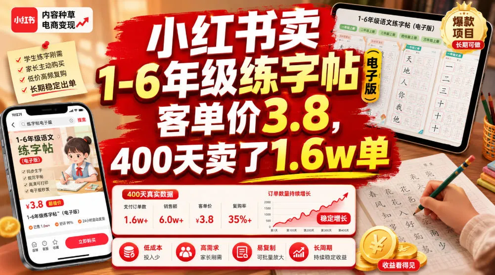 小红书卖1-6年级练字帖(电子版),客单价3.8,400天卖了1.6w单-知云阁资源站