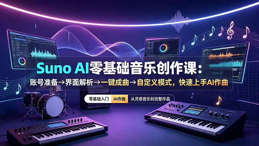 Suno AI零基础音乐创作课:账号准备→界面解析→一键成曲→自定义模式,快速上手AI作曲-知云阁资源站