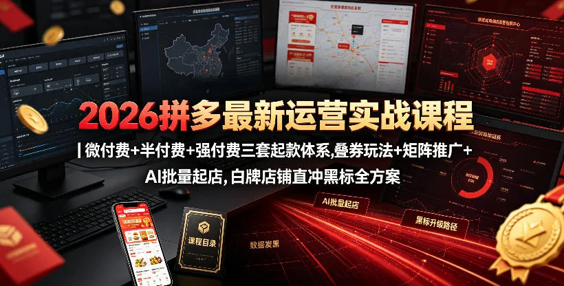 2026拼多多最新运营实战课程｜微付费+半付费+强付费三套起款体系，叠券玩法+矩阵推广+AI批量起店，白牌店铺直冲黑标全方案-知云阁资源站