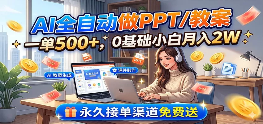 AI全自动做PPT/教案，一单500+，0基础小白月入2W，永久接单渠道免费送-知云阁资源站