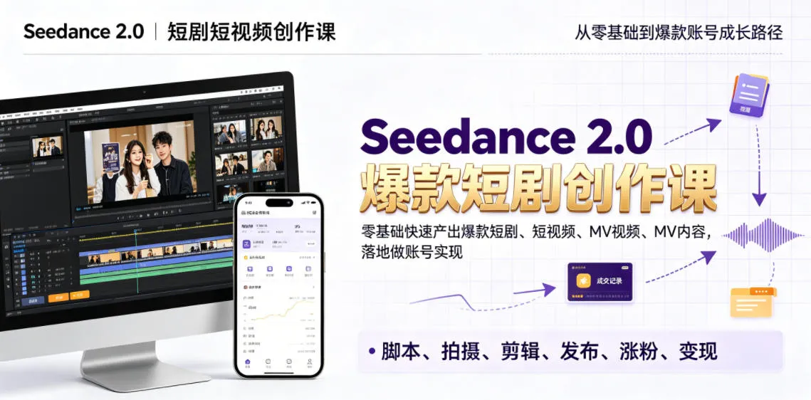Seedance 2.0短剧短视频创作课,零基础快速产出爆款短剧、短视频、MV内容,落地做账号实现变现-知云阁资源站