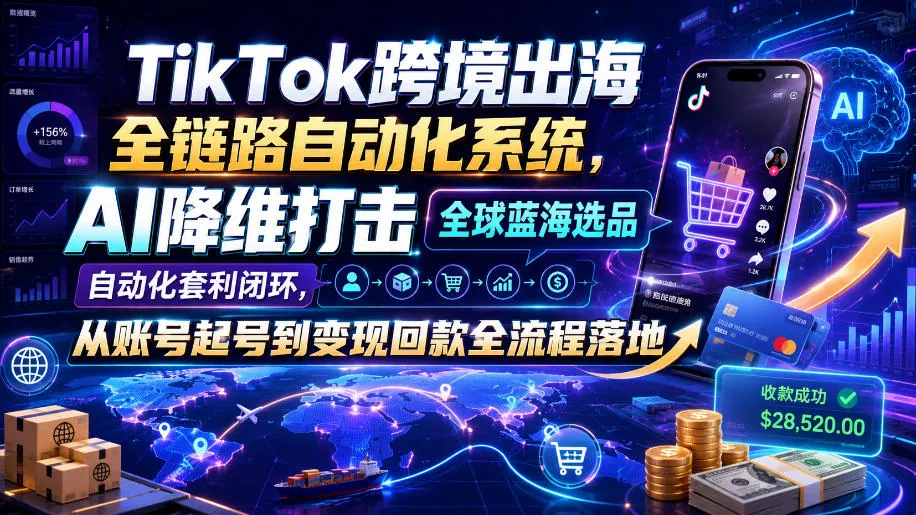 TikTok跨境出海全链路自动化系统,AI降维打击全球蓝海选品自动化套利闭环,从账号起号到变现回款全流程落地(2026年7月)-知云阁资源站