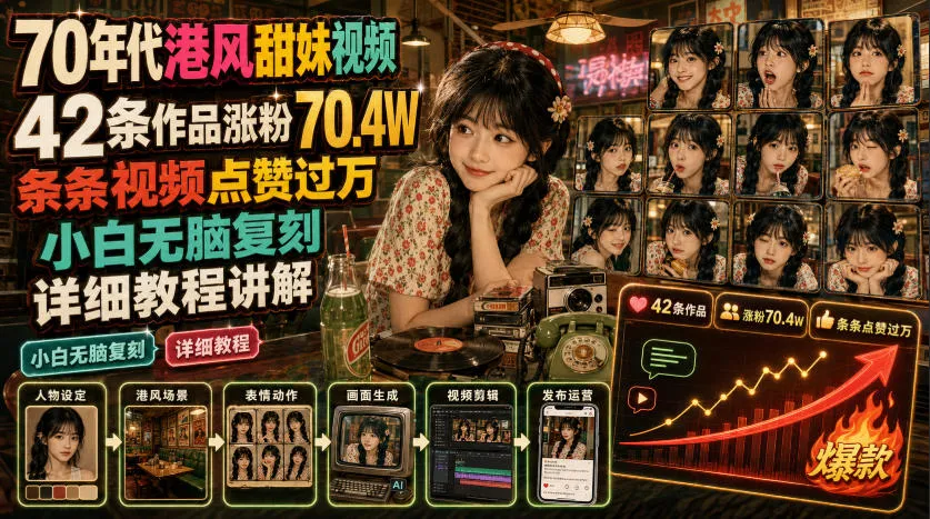 70年代港风甜妹视频,42条作品涨粉70.4W,条条视频点赞过万,小白无脑复刻,详细教程讲解-知云阁资源站