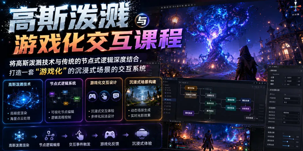 高斯泼溅与游戏化交互课程，将高斯泼溅技术与传统的节点式逻辑深度结合，打造一套“游戏化”的沉浸式场景的交互系统-知云阁资源站