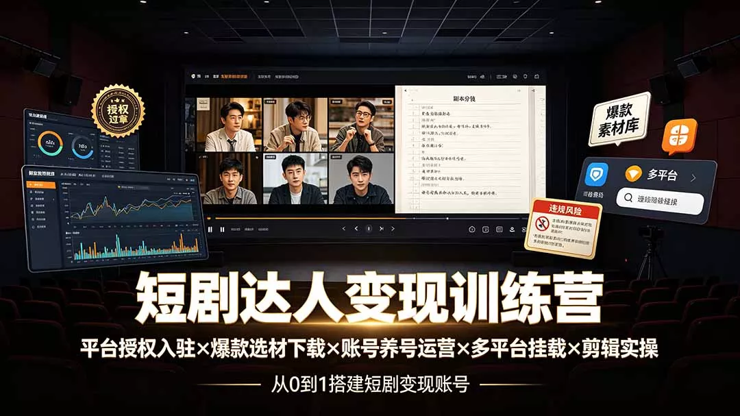 短剧达人变现训练营:平台授权入驻×爆款选材下载×账号养号运营×多平台挂载×剪辑实操×违规处理全流程 短剧达人变现训练营:平台授权入驻×爆款选材下载×账号养号运营×多平台挂载×剪辑实操×违规处理全流程