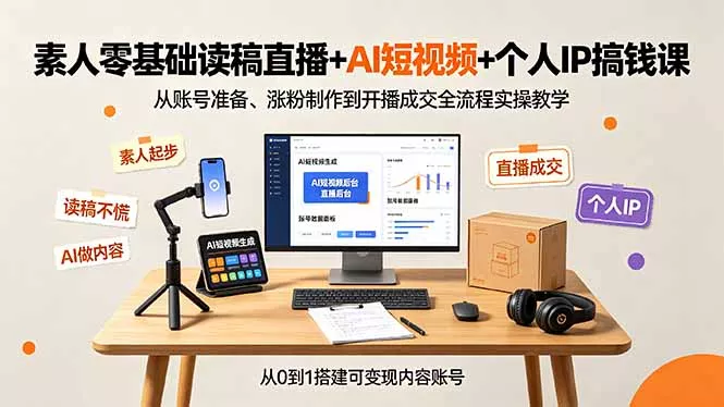 素人零基础读稿直播+AI短视频+个人IP搞钱课,从账号准备、涨粉制作到开播成交全流程实操教学-知云阁资源站