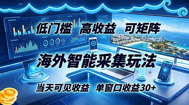 海外智能采集玩法，低门槛高单价可矩阵，当天可见收益，单窗口30+-知云阁资源站