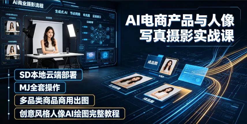 AI电商产品与人像写真摄影实战课|SD本地云端部署、MJ全套操作、多品类商品商用出图、创意风格人像AI绘图完整教程-知云阁资源站