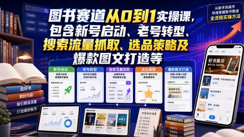 图书赛道从0到1实操课，包含新号启动、老号转型、搜索流量抓取、选品策略及爆款图文打造等-知云阁资源站