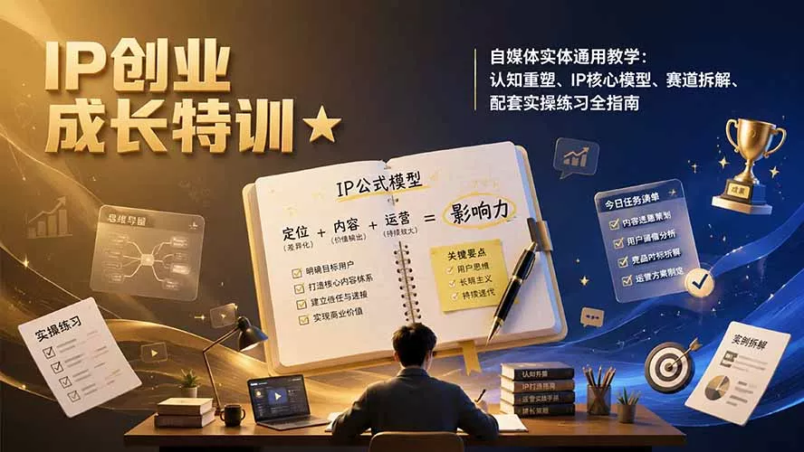 IP创业成长特训★自媒体实体通用教学：认知重塑、IP核心模型、赛道拆解、配套实操练习全指南-知云阁资源站