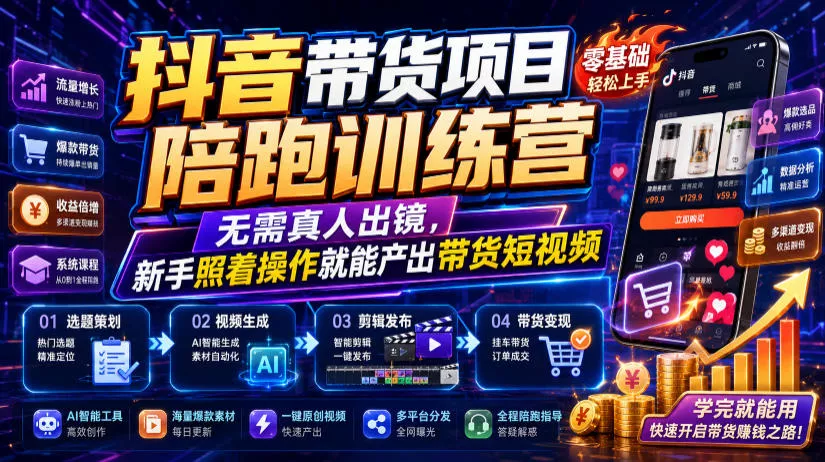抖音带货项目陪跑训练营,无需真人出镜,新手照着操作就能产出带货短视频-知云阁资源站