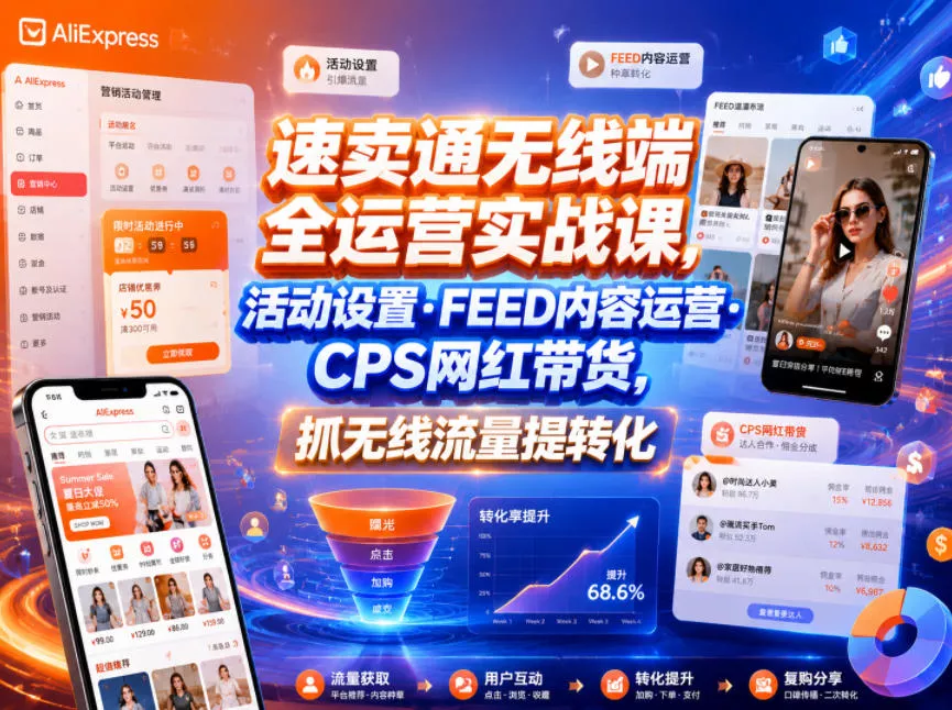 速卖通无线端全运营实战课,活动设置・FEED内容运营・CPS网红带货,抓无线流量提转化-知云阁资源站