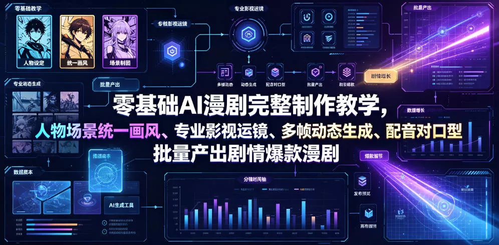 零基础AI漫剧完整制作教学，人物场景统一画风、专业影视运镜、多帧动态生成、配音对口型，批量产出剧情爆款漫剧-知云阁资源站