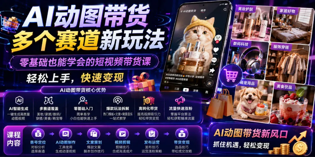 AI动图带货多个赛道新玩法，零基础也能学会的短视频带货课，轻松上手，快速变现-知云阁资源站