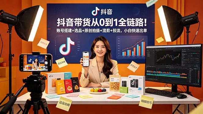 抖音带货从0到1全链路!账号搭建+选品+原创拍摄+混剪+投流,小白快速出单-知云阁资源站