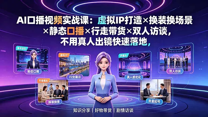 AI口播视频实战课:虚拟IP打造×换装换场景×静态口播×行走带货×双人访谈,不用真人出镜快速落地-知云阁资源站