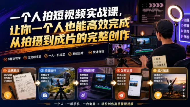 一个人拍短视频实战课，让你一个人也能高效完成从拍摄到成片的完整创作-知云阁资源站