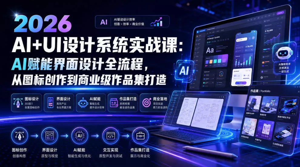 2026 AI+UI设计系统实战课:AI赋能界面设计全流程,从图标创作到商业级作品集打造-知云阁资源站