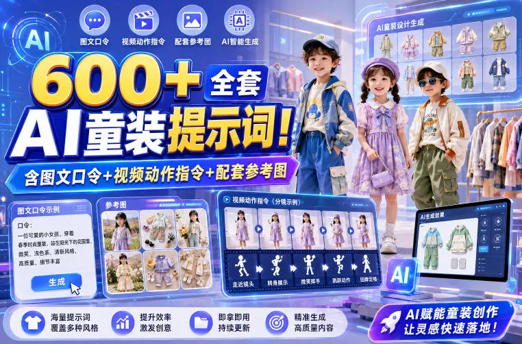 600+全套AI童装提示词!含图文口令+视频动作指令+配套参考图,Word-Excel规整分类,童装电商、种草无脑量产内容!-知云阁资源站