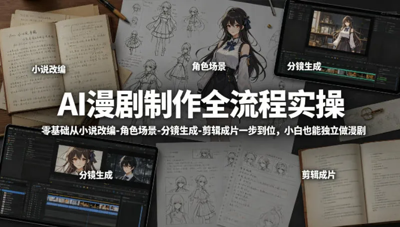 AI漫剧制作全流程实操,零基础从小说改编-角色场景-分镜生成-剪辑成片一步到位,小白也能独立做漫剧 AI漫剧制作全流程实操,零基础从小说改编-角色场景-分镜生成-剪辑成片一步到位,小白也能独立做漫剧