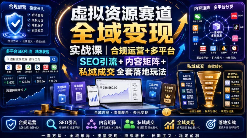 虚拟资源赛道全域变现实战课|合规运营+多平台SEO引流+内容矩阵+私域成交全套落地玩法-知云阁资源站