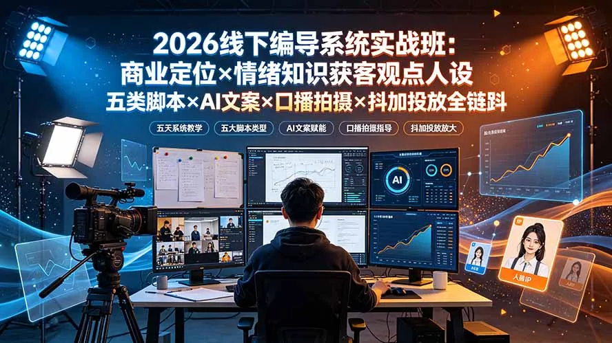 2026线下编导系统实战班：商业定位×情绪知识获客观点人设五类脚本×AI文案×口播拍摄×抖加投放全链路-知云阁资源站