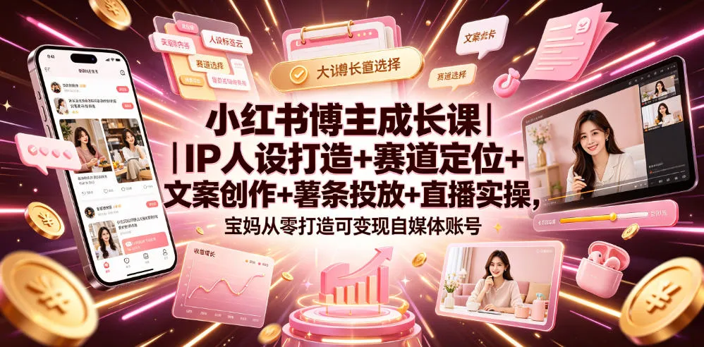小红书博主成长课｜IP人设打造+赛道定位+文案创作+薯条投放+直播实操，宝妈从零打造可变现自媒体账号-知云阁资源站