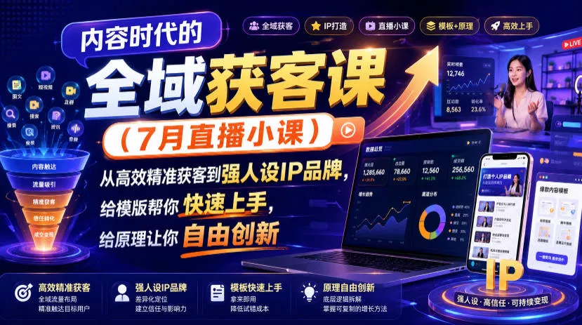 内容时代的全域获客课(7月直播小课)，从高效精准获客到强人设IP品牌，给模版帮你快速上手，给原理让你自由创新-知云阁资源站