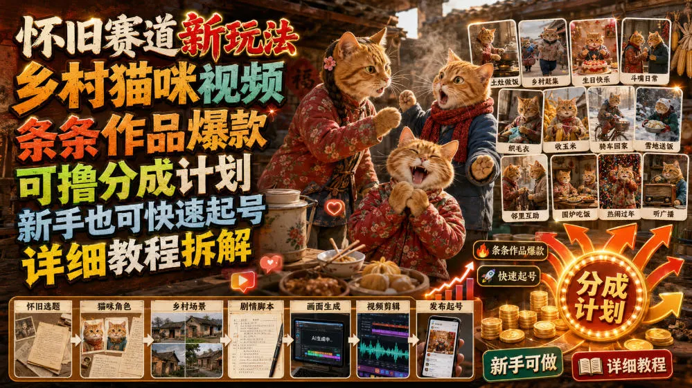 怀旧赛道新玩法,乡村猫咪视频,条条作品爆款,可撸分成计划,新手也可快速起号,详细教程拆解-知云阁资源站