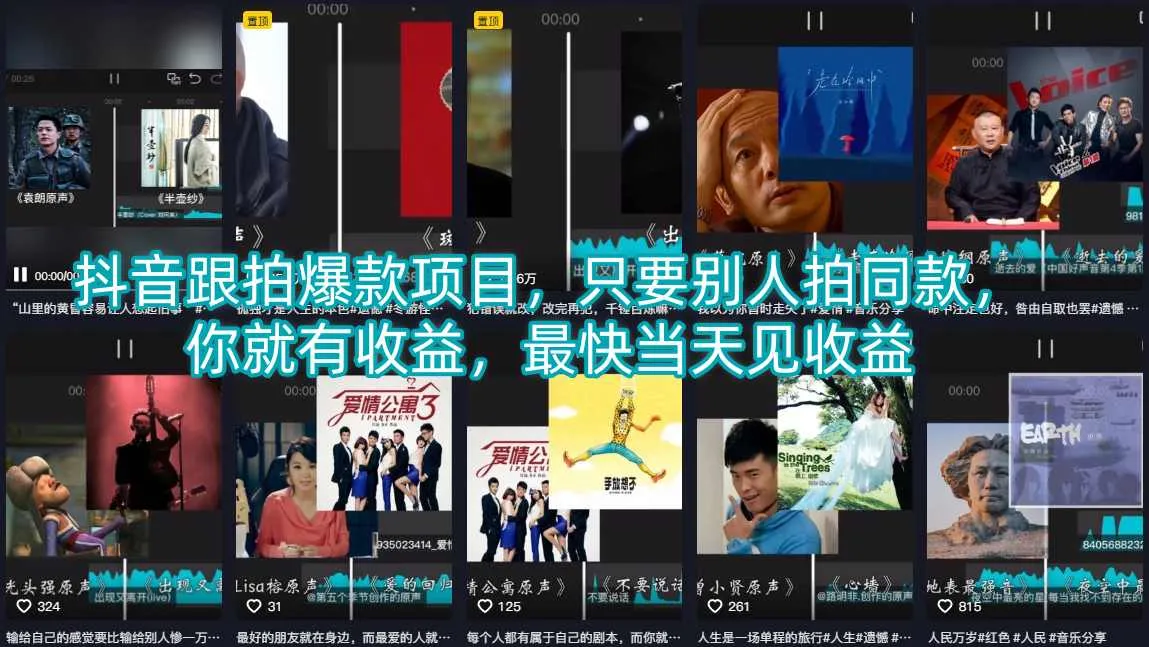 抖音跟拍爆款项目,只要别人拍同款,你就有收益,最快当天见收益 抖音跟拍爆款项目,只要别人拍同款,你就有收益,最快当天见收益