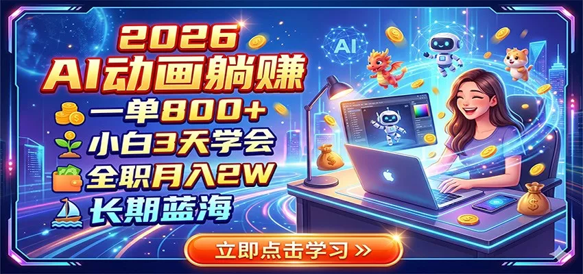 2026 AI动画躺赚：一单800+，小白3天学会，全职月入2W，长期蓝海-知云阁资源站