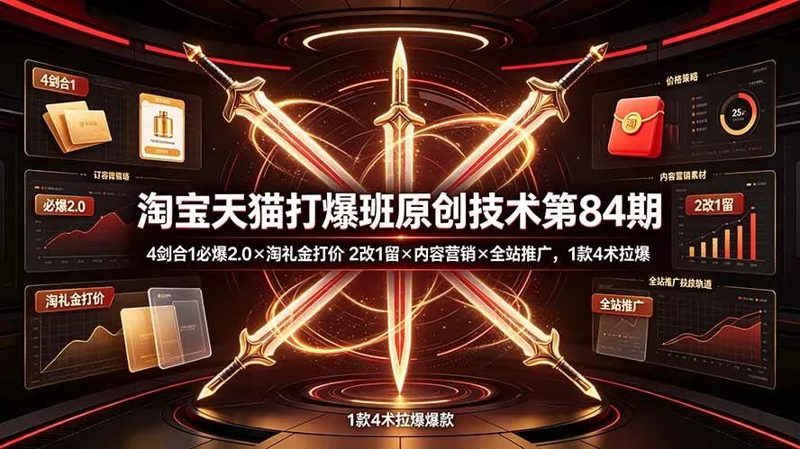 (19428期) 淘宝天猫打爆班原创技术第84期:4剑合1必爆2.0×淘礼金打价×2改1留×内容营销×全站推广,1款4术拉爆-知云阁资源站