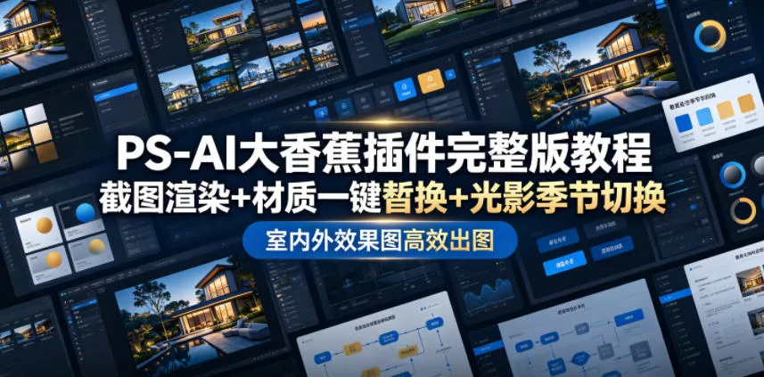 PS-AI大香蕉插件完整版教程，截图渲染+材质一键替换+光影季节切换，室内外效果图高效出图高阶课程-知云阁资源站