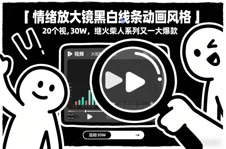 情绪放大镜黑白线条动画风格,20个视频,涨粉30W,继火柴人系列又一大爆款-知云阁资源站