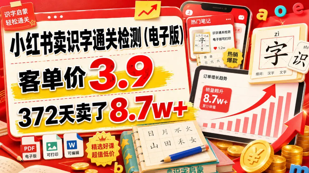 小红书卖识字通关检测(电子版),客单价3.9,372天卖了8.7w+-知云阁资源站