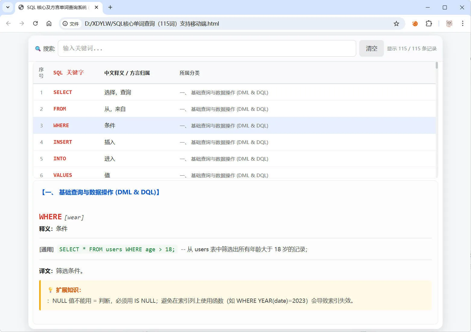 SQL常用核心单词查询115词html源码-知云阁资源站