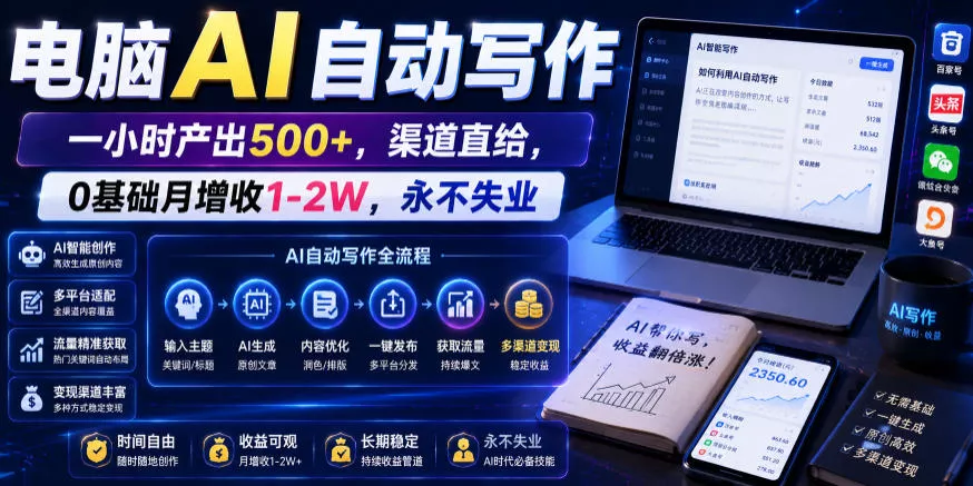 电脑AI自动写作,一小时产出500+,渠道直给,0基础月增收1-2W,永不失业【揭秘】-知云阁资源站