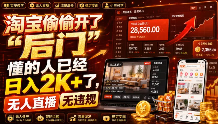 淘宝偷偷开了“后门”,懂的人已经日入2K+了,无人直播无违规,一台电脑=一家24小时营业的线上门店【揭秘】-知云阁资源站