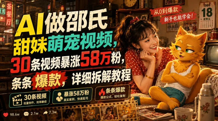 AI做邵氏甜妹萌宠视频,30条视频暴涨58万粉,条条爆款,详细拆解教程-知云阁资源站